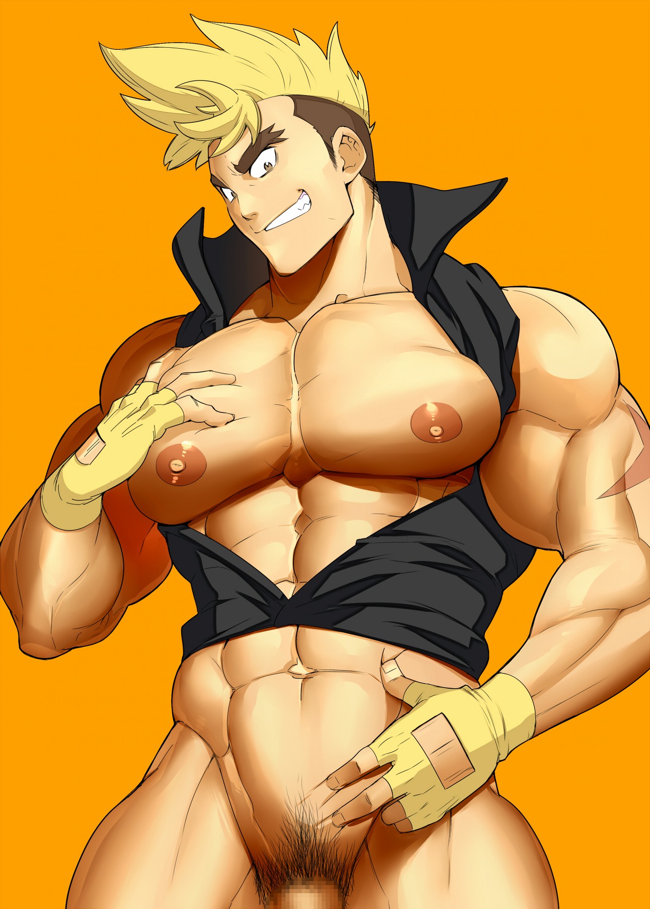 1boy abs bara biceps big_pecs blonde blonde_hair bottomless breasts brown_eyes buff censored fingerless_gloves gloves grabbing_breasts grabbing_own_breast grin hand_on_chest hand_on_pecs huge_pecs human human_only kittan_bachika looking_at_viewer male male_chest male_focus male_nipples male_only muscles muscular muscular_male nipples open_shirt orange_background pec_grab pecs pectoral_bulge pectorals penis presenting_breasts pubic_hair rule34 simple_background smile solo solo_focus solo_male tengen_toppa_gurren_lagann tight_clothing tight_shirt undressing yaoi