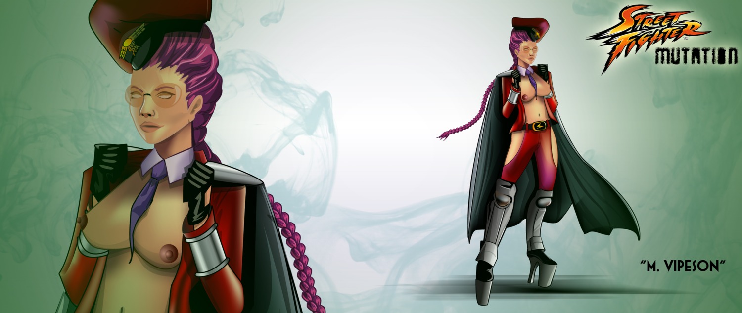 1girls areola artist_request braid breasts capcom cape cosplay crimson_viper epaulets eyewear female female_only glasses hat high_heel_boots human long_hair m_bison m_bison_(cosplay) milf nipples open_clothes open_shirt platform_shoes purple_hair rule34 shirt solo street_fighter tie