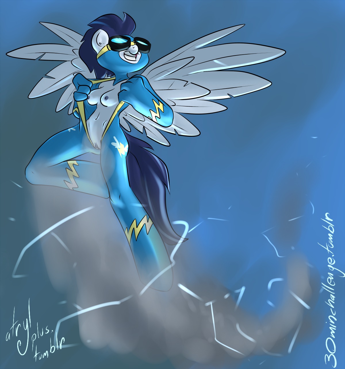 anthro anthrofied atryl blue_body blue_feathers breasts clothing crossgender digital_media_(artwork) e621 equid equine eyewear feathered_wings feathers female friendship_is_magic genitals goggles hasbro hi_res jumpsuit mammal mtf_crossgender my_little_pony mythological_creature mythological_equine mythology pegasus soarin_(mlp) solo tail vulva wings wonderbolts_(mlp)