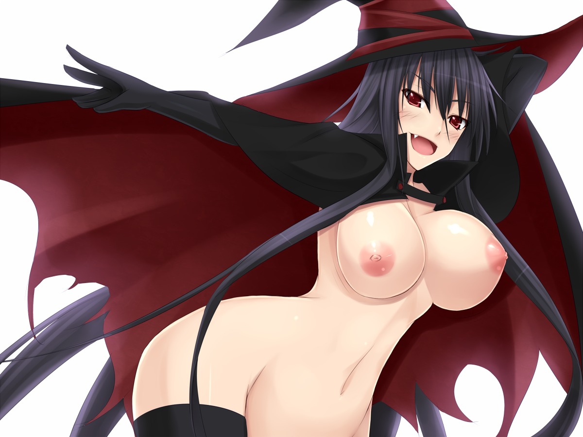 1girls akitsuki_karasu black_hair bouncing_breasts breasts cape curvy cute_fang female gloves kurochijo long_hair navel nipples nude open_mouth original pointy_chin red_eyes rule34 solo source_request witch_hat