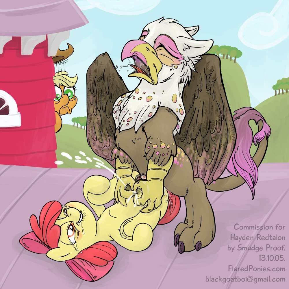 1:1 2013 accessory amber_eyes apple_bloom_(mlp) applejack_(mlp) avian beak being_watched blonde_hair blush bodily_fluids bow_(feature) bow_accessory bow_ribbon brown_body brown_fur clothing cowboy_hat digital_media_(artwork) e621 earth_pony equid equine eyes_closed feathered_wings feathers female feral freckles friendship_is_magic from_front_position fur genitals green_eyes group gryphon hair hair_accessory hair_bow hair_ribbon hasbro hat headgear headwear horse interspecies lactating looking_at_another lying male male/female male_penetrating mammal milk missionary_position my_little_pony mythological_avian mythological_creature mythology nude on_back orange_body orange_fur outside penetration penis pony ribbons saliva sex smudge_proof tail tears teats text url vaginal vaginal_penetration wings yellow_body yellow_fur young young_feral