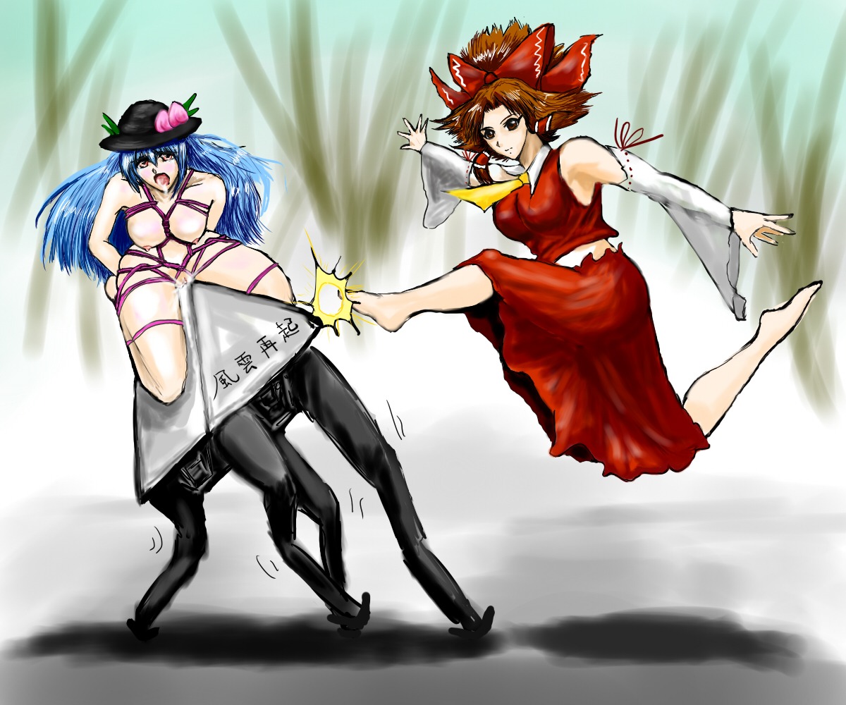 2girls 4_legs arms_tied_behind_back artist_request bare_shoulders barefoot bdsm bigdog blue_hair breasts brown_hair clothed_female_nude_female crossover detached_sleeves female full_body hair_bow hat hat_only headwear_only japanese_text kick kicking long_hair medium_breasts midriff multi_leg multi_limb multiple_females multiple_girls naked_hat naked_headwear nontraditional_miko outdoors pussy pussy_torture red_bow red_skirt reimu_hakurei robot rule34 shibari tagme tenshi_hinanawi touhou translation_request wide_sleeves wooden_horse youkai