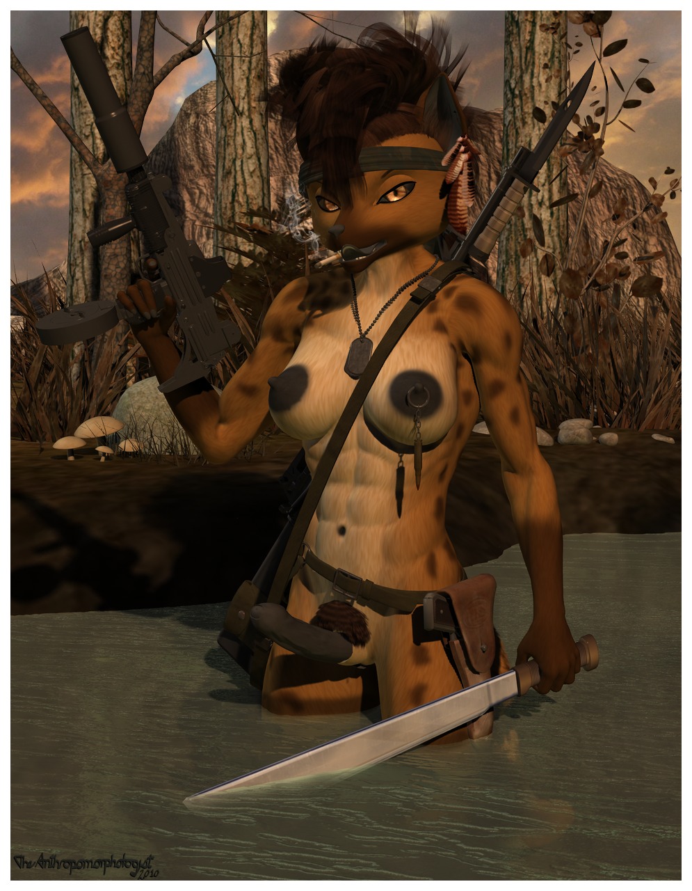 2010 3d_(artwork) anthro arm_by_side bayonet bent_arm black_penis border breasts charleyfox_(modeler) charleyfox_hyena cigarette cloud detailed_background digital_media_(artwork) dog_tags e621 erection forest genitals gun handgun herm hi_res holding_gun holding_object holding_ranged_weapon holding_weapon holster hyena intersex knife lake legs_in_water machete mammal melee_weapon mostly_nude nature nipples outside partially_submerged penis pistol plant ranged_weapon restricted_palette rifle sackless silencer sky solo spotted_hyena standing standing_in_water straight_arm submachine_gun submerged_legs submerged_tail tail_in_water the_anthropomorphologist translucent_water tree uzi water watermark weapon white_border wood