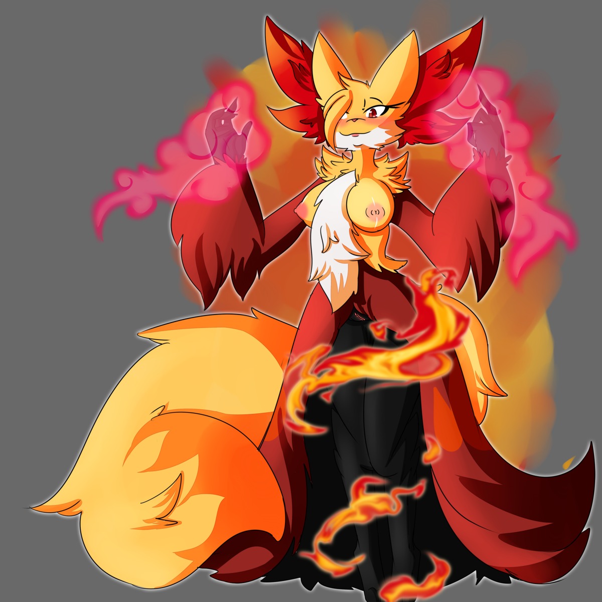 1:1 2013 absurd_res amaterasu_(artist) anthro anthrofied areola big_areola big_breasts biped blush breasts canid canine chest_tuft clitoris delphox e621 erect_nipples female fur generation_6_pokemon genitals grey_background hi_res magic mammal mane nintendo nipples pokemon pokemon_(species) pokemorph puffy_nipples side_boob simple_background solo standing tuft vulva yellow_body yellow_fur