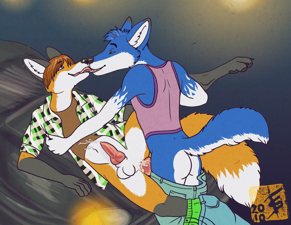 2010 anal anal_penetration animal_genitalia animal_penis anthro anus balls blue_body blue_fur blue_hair bodily_fluids bottomless bottomwear bottomwear_down canid canine canine_genitalia canine_penis clothed clothing cum duo e621 erection fox french_kissing fur genital_fluids genitals hair kadohusky kissing knot lying male male/male male_penetrated male_penetrating male_penetrating_male mammal on_side pants pants_down partially_clothed penetration penis raised_leg sex tail tongue