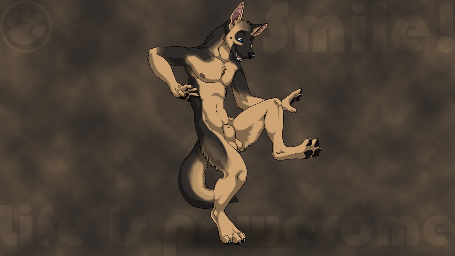 16:9 2011 4_toes 5_fingers animal_genitalia anthro balls barefoot biped blue_eyes brown_body brown_fur canid canine canis claws domestic_dog e621 elliot_(yut) english_text feet fingers footprint fully_sheathed fur genitals german_shepherd herding_dog hi_res male mammal nipples on_one_leg open_mouth open_smile pastoral_dog pawprint sabretoothed_ermine sheath smile solo standing tail tan_body tan_fur text third-party_edit toes wallpaper widescreen