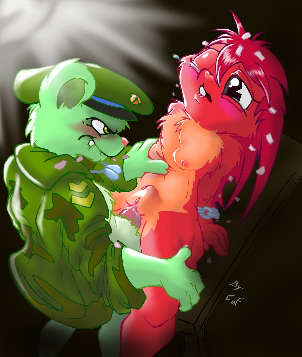4_fingers abdominal_bulge angry anthro bear black_eyes blush bodily_fluids breasts bruised buckteeth chain clitoris clothed clothing crying cum cum_in_vagina cum_inside dog_tags duo e621 erection female female_penetrated fingers flaky_(htf) flippy_(htf) fliqpy_(htf) from_front_position fuf fur furniture genital_fluids genitals glistening green_body green_eyes green_fur happy_tree_friends hat headgear headwear heart_symbol hi_res inside jacket jewelry light looking_down lying male male/female male_penetrating male_penetrating_female mammal military missionary_position necklace nipples nude on_back one_eye_closed partially_clothed penetration penile penile_penetration penis penis_in_vagina pink_body pink_nose pink_penis pink_skin porcupine quills_(anatomy) red_body red_fur rodent sex shadow spread_legs spreading table table_lotus_position tears teeth topwear vaginal vaginal_penetration vulva wounded