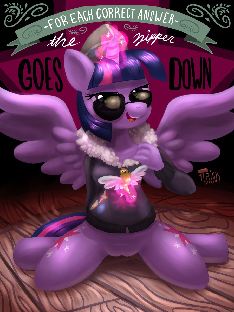 1trick 2014 3:4 anthro anthrofied biped clothing cutie_mark e621 english_text equid equine eyewear feathered_wings feathers female friendship_is_magic fur genitals hair half-closed_eyes hasbro hat headgear headwear hi_res horn jacket kneeling looking_at_viewer magic mammal multicolored_hair my_little_pony mythological_creature mythological_equine mythology narrowed_eyes open_mouth purple_body purple_eyes purple_feathers purple_fur purple_hair seductive signature smile solo sparkles spread_wings sunglasses teeth text tongue topwear twilight_sparkle_(mlp) two_tone_hair undressing vulva winged_unicorn wings