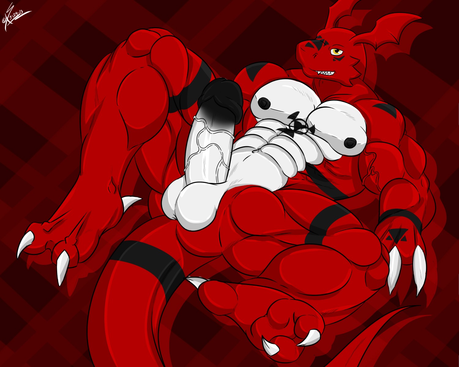 2013 5:4 abs anthro anthrofied athletic balls bandai_namco biceps big_muscles big_penis biped black_body black_skin butt claws digimon digimon_(species) digimorph digital_hazard e621 erection fangs flexing genitals glans grin guilmon hi_res humanoid_genitalia humanoid_penis inverted_zero_unit looking_at_viewer lying male markings muscular muscular_anthro muscular_male nipples nude on_back pecs penis pinup pose presenting presenting_penis red_body red_skin restricted_palette saixyuniz-xynz scales scalie smile solo spread_legs spreading symbol tail tattoo teeth thick_penis toe_claws vein yellow_eyes zero_unit