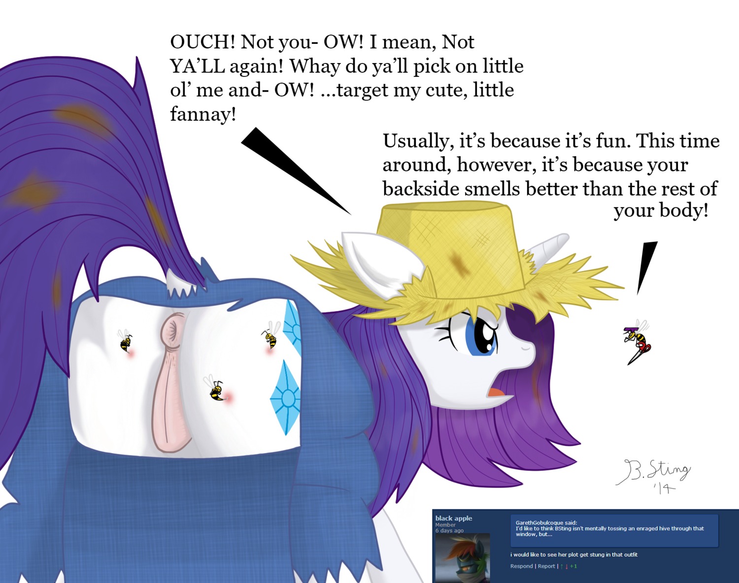 2014 anus arthropod bee bee_sting blue_eyes bottomwear bsting butt clothing cutie_mark e621 english_text equid equine female feral friendship_is_magic fur genitals hair hasbro hat headgear headwear hi_res horn hymenopteran insect long_hair mammal my_little_pony mythological_creature mythological_equine mythology pants purple_hair rarity_(mlp) reddened_butt solo text unicorn vulva white_body white_fur