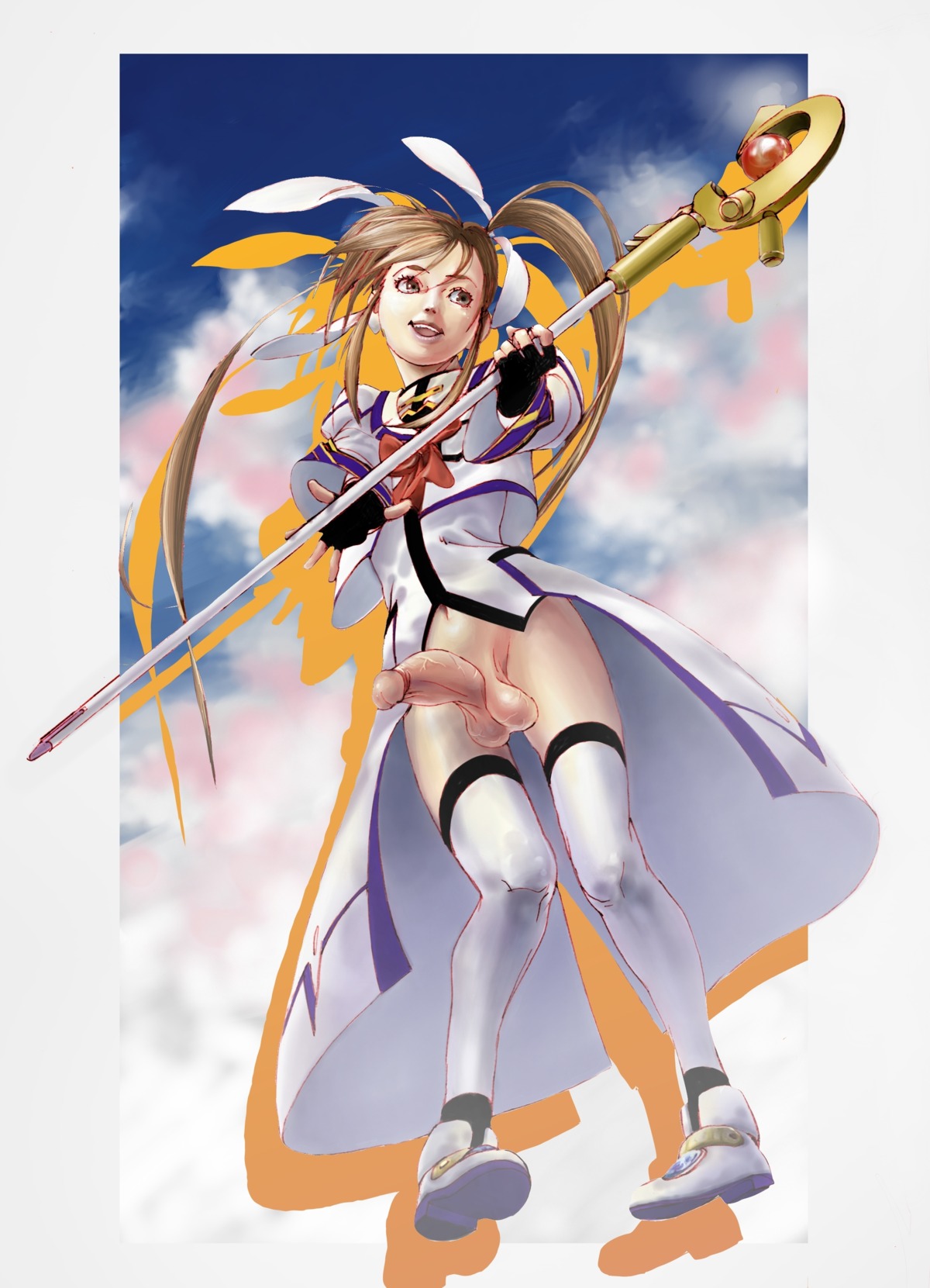balls barrier_jacket bottomless brown_eyes brown_hair cloud fingerless_gloves futanari gloves hair_ribbon intersex long_hair mahou_shoujo_lyrical_nanoha nopan open_mouth penis raising_heart ribbon rule34 shoes sky smile solo_futa staff takamachi_nanoha testicles thighhighs tied_hair twintails wa34752 white_thighhighs