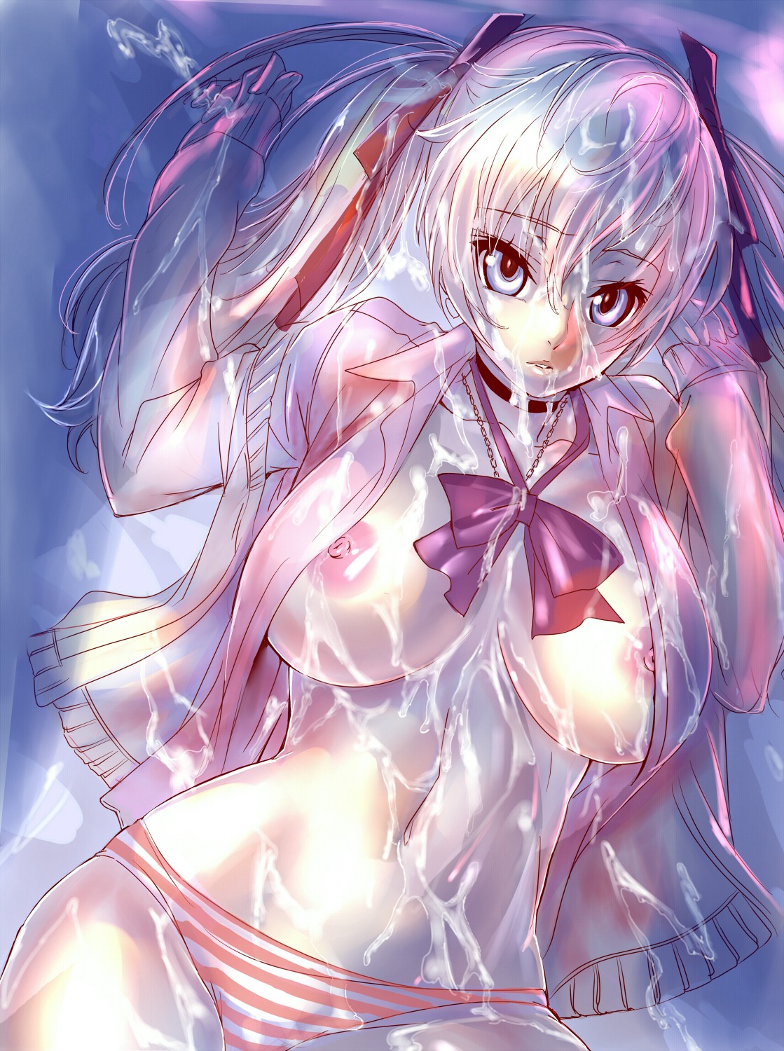 1girls blue_eyes breasts bukkake chains choker cum cum_on_body cum_on_breasts cum_on_upper_body dodai_shouji female hair_ribbon highres navel nipples open_clothes open_jacket original panties parted_lips ribbon rule34 silver_hair solo striped striped_panties tied_hair twintails underwear