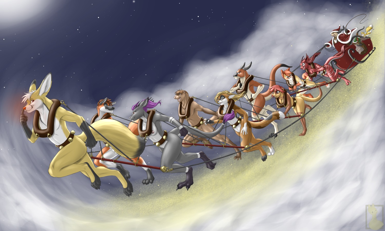 5:3 absurd_res anthro averious bell belt breasts canid canine christmas clothed clothing deezmo_(character) dragon e621 felid female flying fox genitals group hi_res holidays kangaroo macropod male mammal marsupial mythological_creature mythological_scalie mythology nateday nipples nude penis running scalie sleigh star tail whip