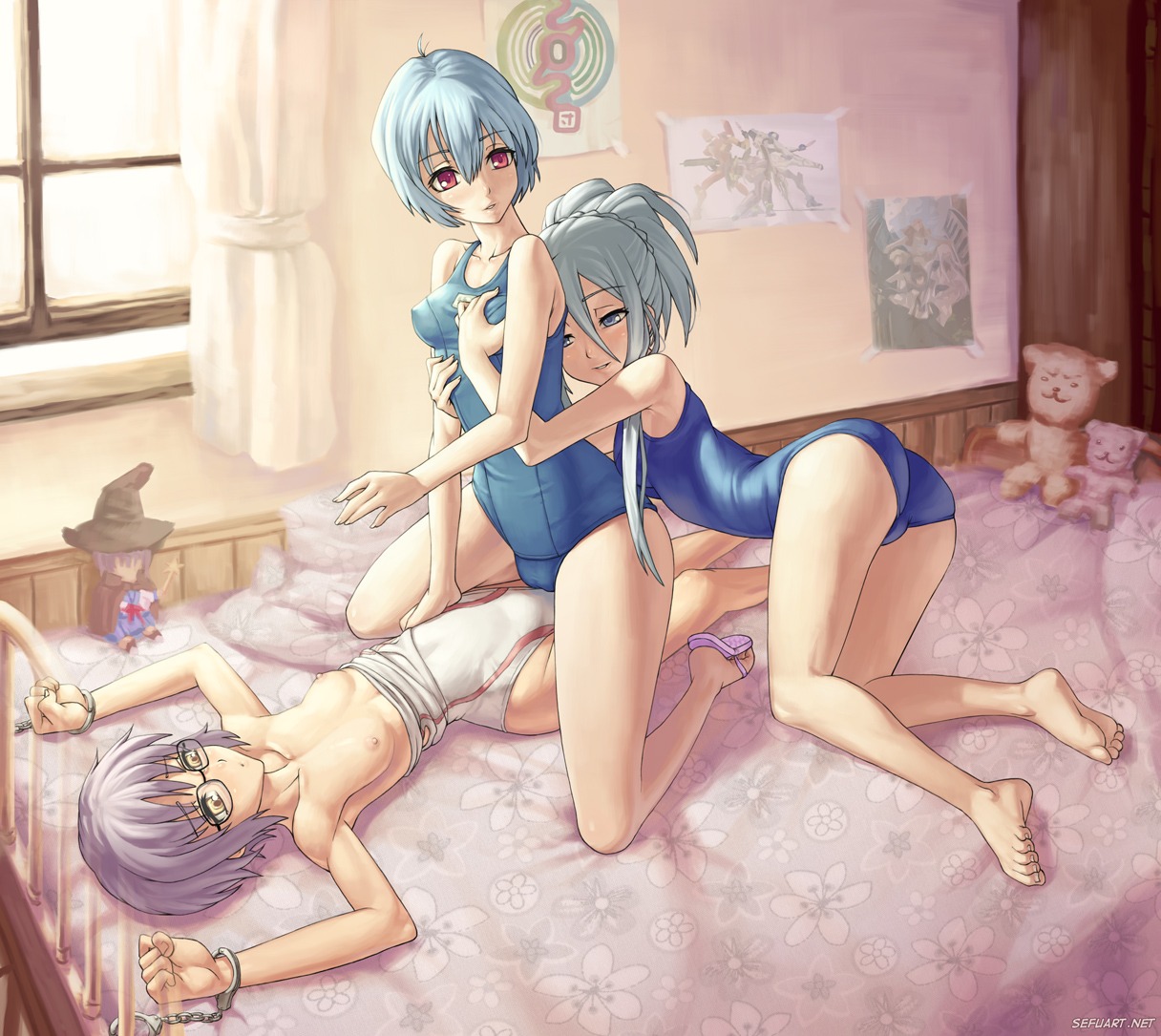 armpits ass barefoot bed bent_over blue_eyes blue_hair bondage breast_grab breasts chrome_shelled_regios competition_swimsuit crossover cuffs doll erect_nipples eyewear feet felli_loss female female_only flat_chest glasses grope groping group_sex hair handcuffs human kneeling kuudere legs lying multiple_females multiple_girls nagato_yuki naughty_face neon_genesis_evangelion nipples on_back one-piece_swimsuit open_toe_shoes red_eyes rei_ayanami rule34 sandals school_swimsuit sefuart sex short_hair silver_hair small_breasts smile stuffed_animal stuffed_toy suzumiya_haruhi_no_yuuutsu swimsuit swimsuit_pull teddy_bear threesome trait_connection window yellow_eyes yuri
