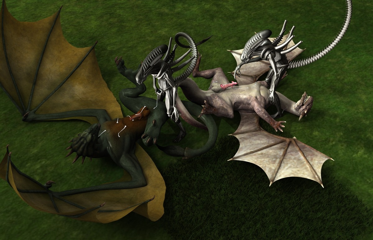 2014 alien alien_(franchise) alien_humanoid balls bestiality bodily_fluids claws cum dragon e621 erection european_mythology eyeless feral gelrend genital_fluids genitals group high-angle_view humanoid humanoid_on_feral long_neck lying male membrane_(anatomy) membranous_wings mythological_creature mythological_scalie mythology on_back outside penis scalie spread_wings tail western_dragon wing_claws wings wyvern xenomorph