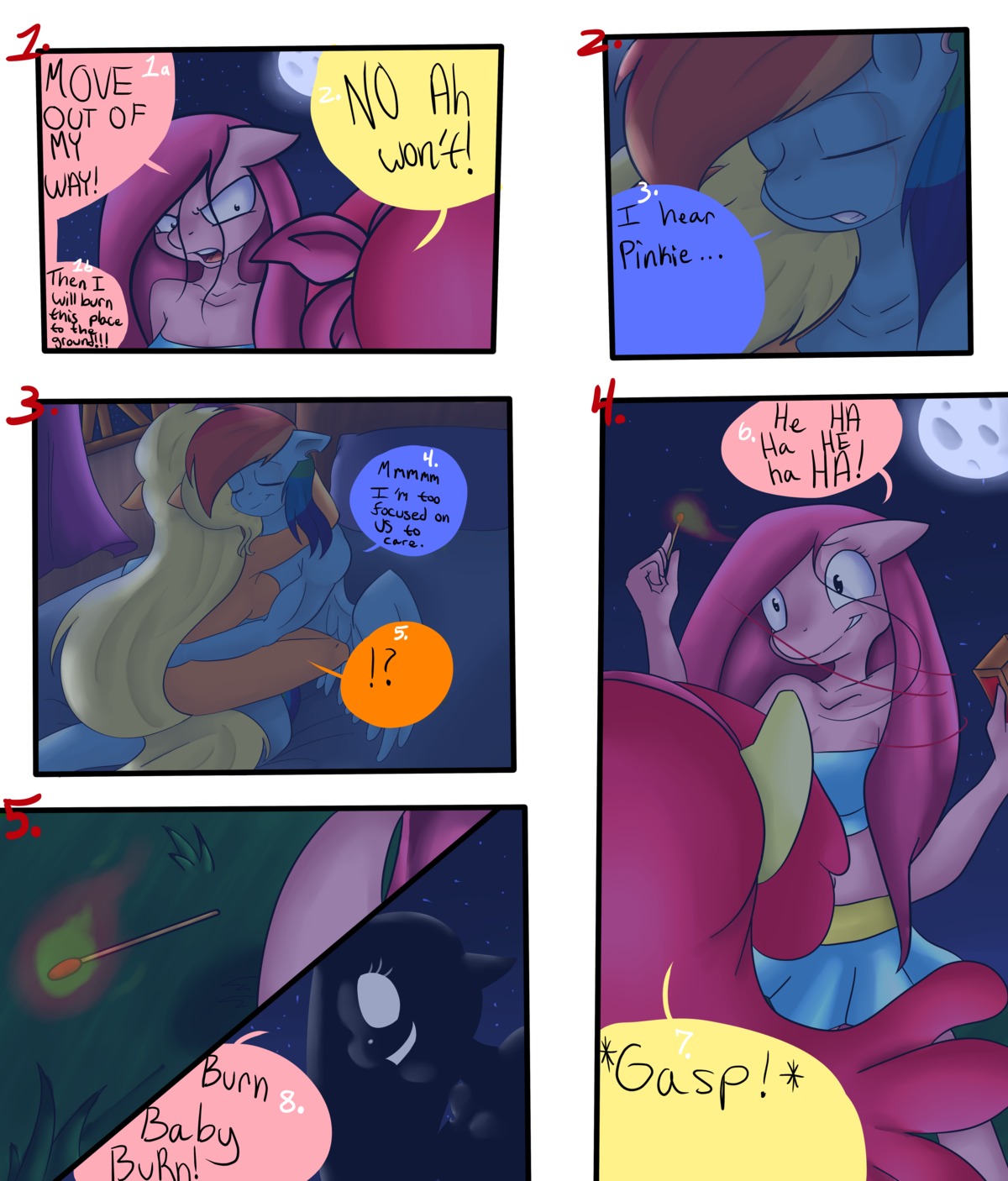 2013 absurd_res angry anthro anthrofied applejack_(mlp) blonde_hair blue_body blue_feathers blue_fur clothing comic dialogue e621 earth_pony english_text equid equine eyes_closed feathered_wings feathers female female/female friendship_is_magic fur group hair hasbro hi_res horse inside mammal moon multicolored_hair my_little_pony mythological_creature mythological_equine mythology orange_body orange_fur outside pegasus pink_body pink_fur pink_hair pinkamena_(mlp) pinkie_pie_(mlp) pony rainbow_dash_(mlp) rainbow_hair renee-moonveil sex text wings