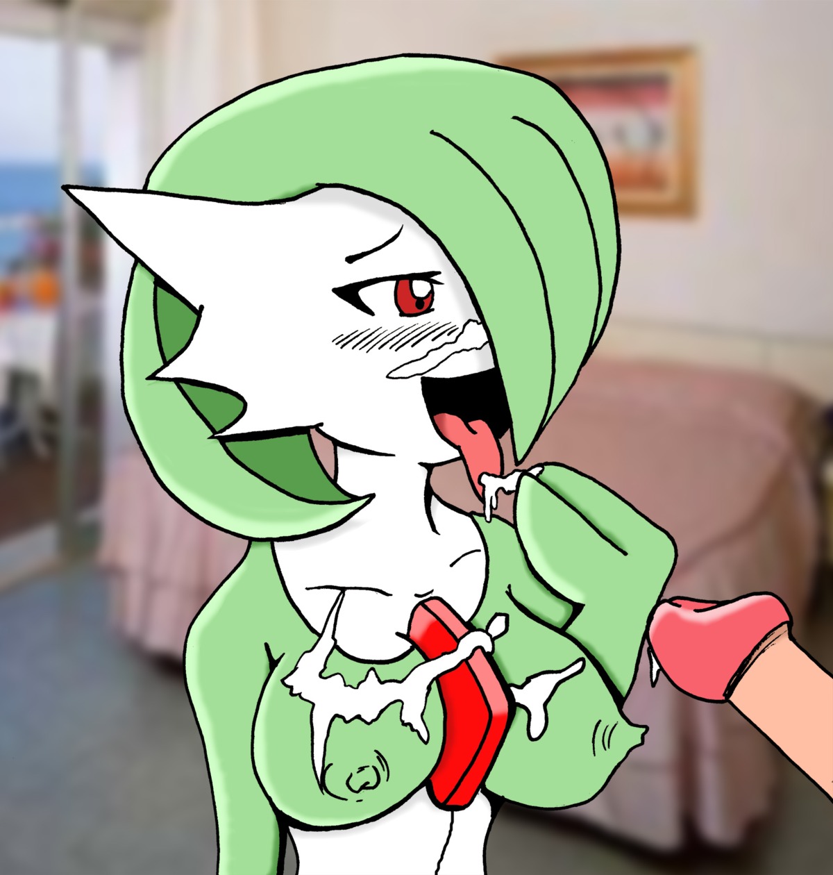 after_fellatio after_handjob after_oral after_sex breasts color cum day female gardevoir green_hair hair human indoors interspecies male penis pokemon pokemon_(species) pokemon_rse pokephilia red_eyes rule34 straight tagme