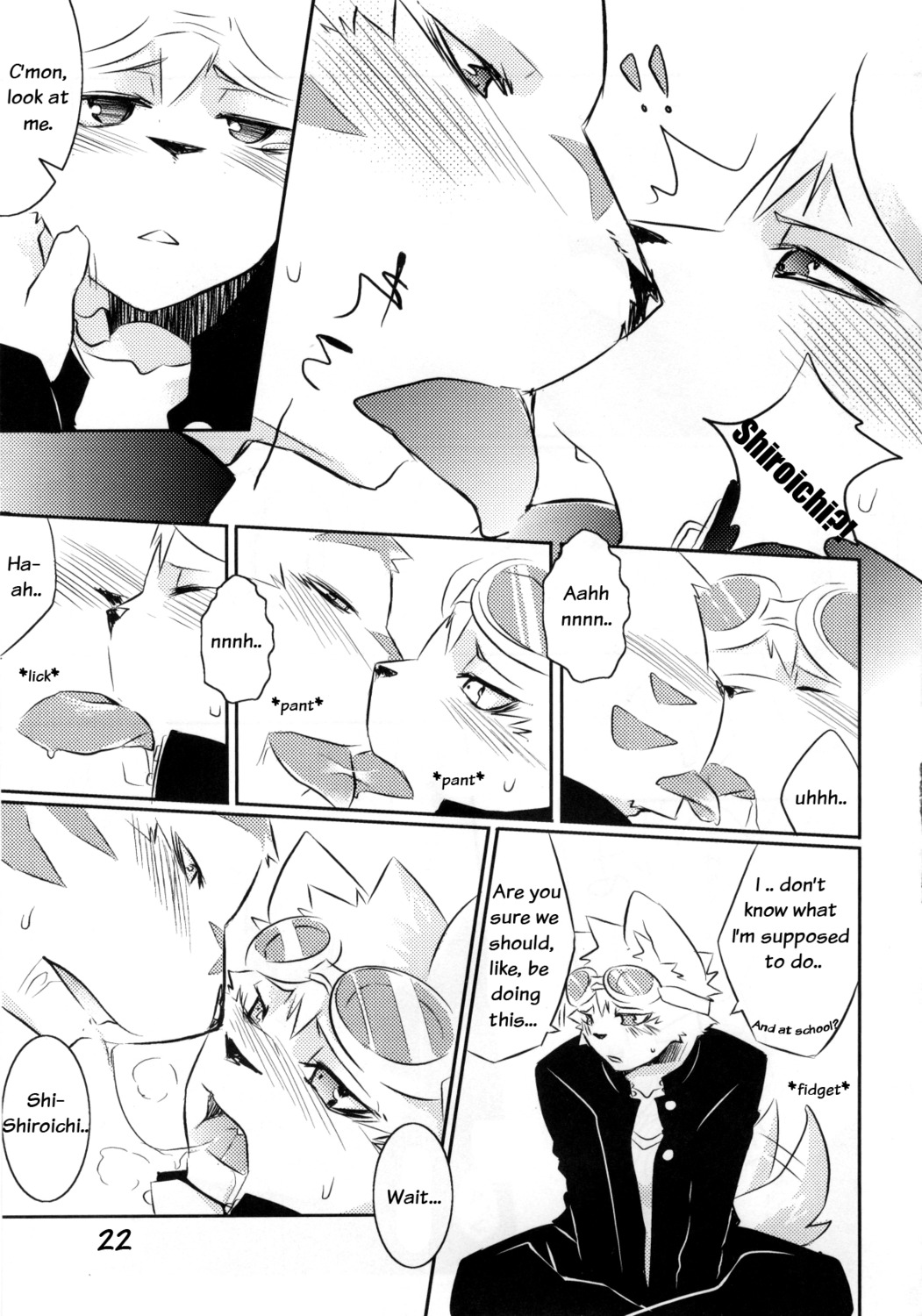anthro blush canid canine canis comic crossed_legs dialogue domestic_dog duo e621 english_text eyewear felid french_kissing goggles greyscale hard_translated hi_res kenn kissing male mammal monochrome pantherine romantic romantic_couple tail text third-party_edit tiger tongue translated translation_edit