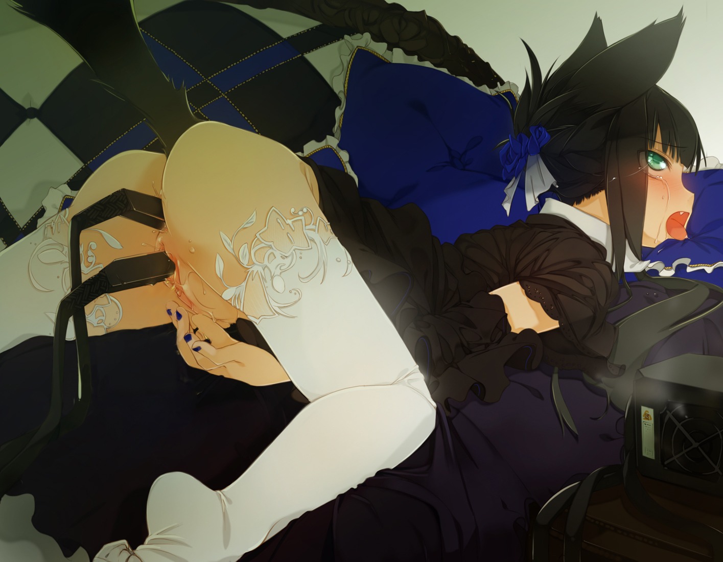 ahe_gao anal animal_ear ass bed black_hair cat_girl catgirl clitoris cry curled_toes dress female fucked_silly green_eyes highres lace long_hair maruku masturbation naughty_face nekomimi no_panties original pillow pillows pussy rule34 saliva tail tear thighhighs toe_scrunch uncensored vaginal_penetration whip