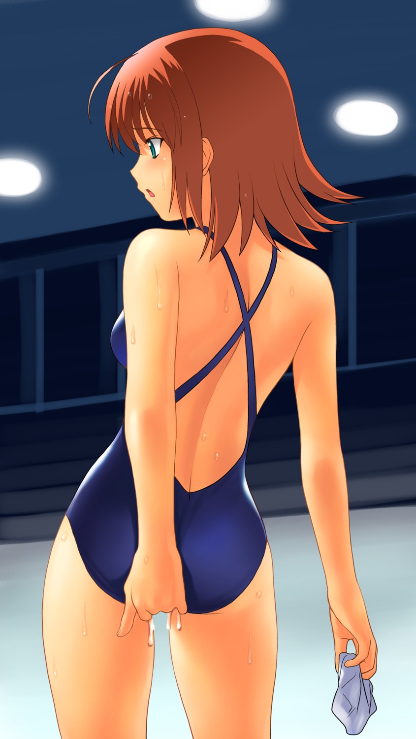 ahoge ass blush cum female high_resolution kimi_ga_nozomu_eien one-piece_swimsuit red_hair rule34 short_hair suzumiya_akane sweat swimsuit wet