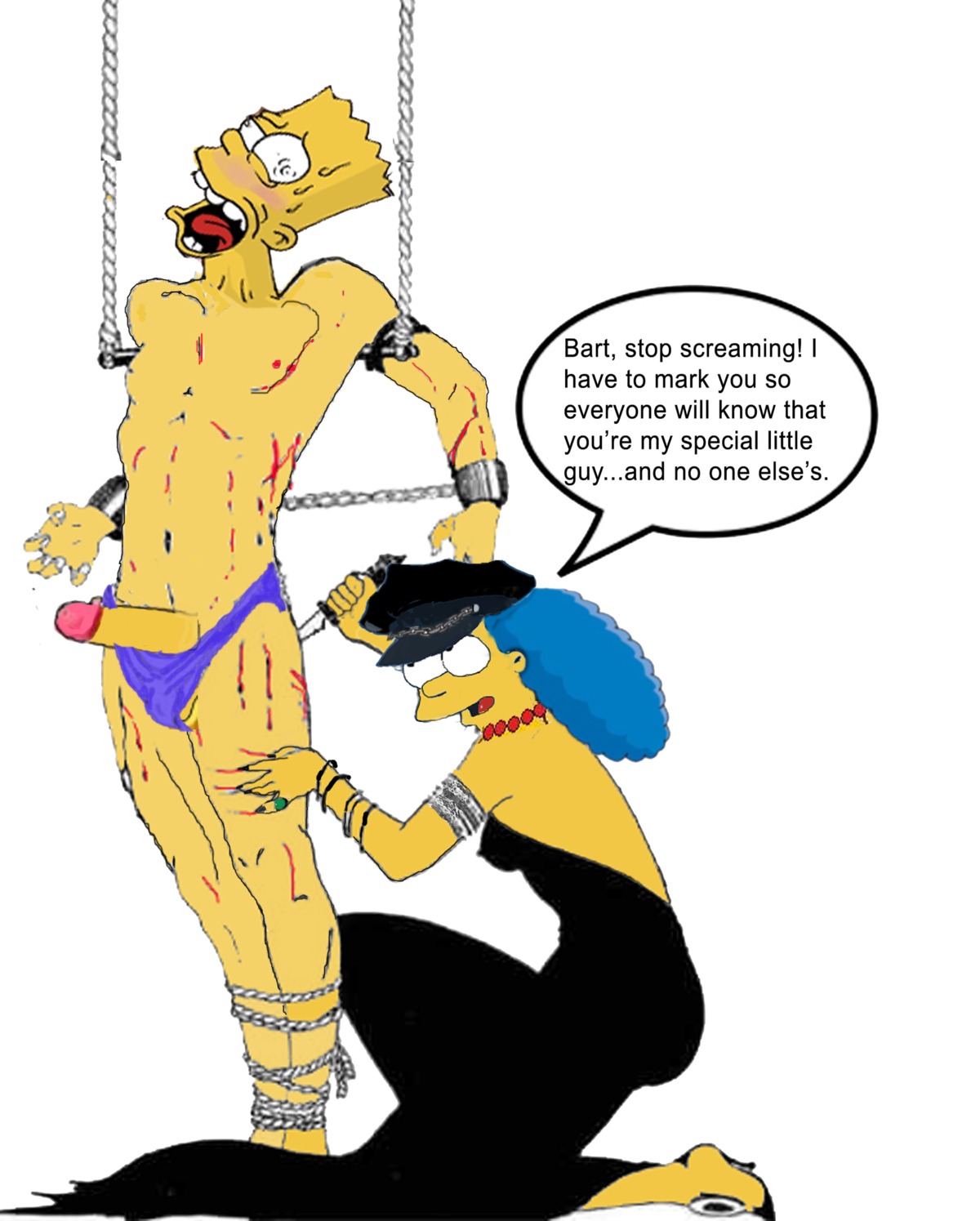 bart_simpson blue_hair color female hair human incest knife marge_simpson rule34 skin the_simpsons yellow_skin