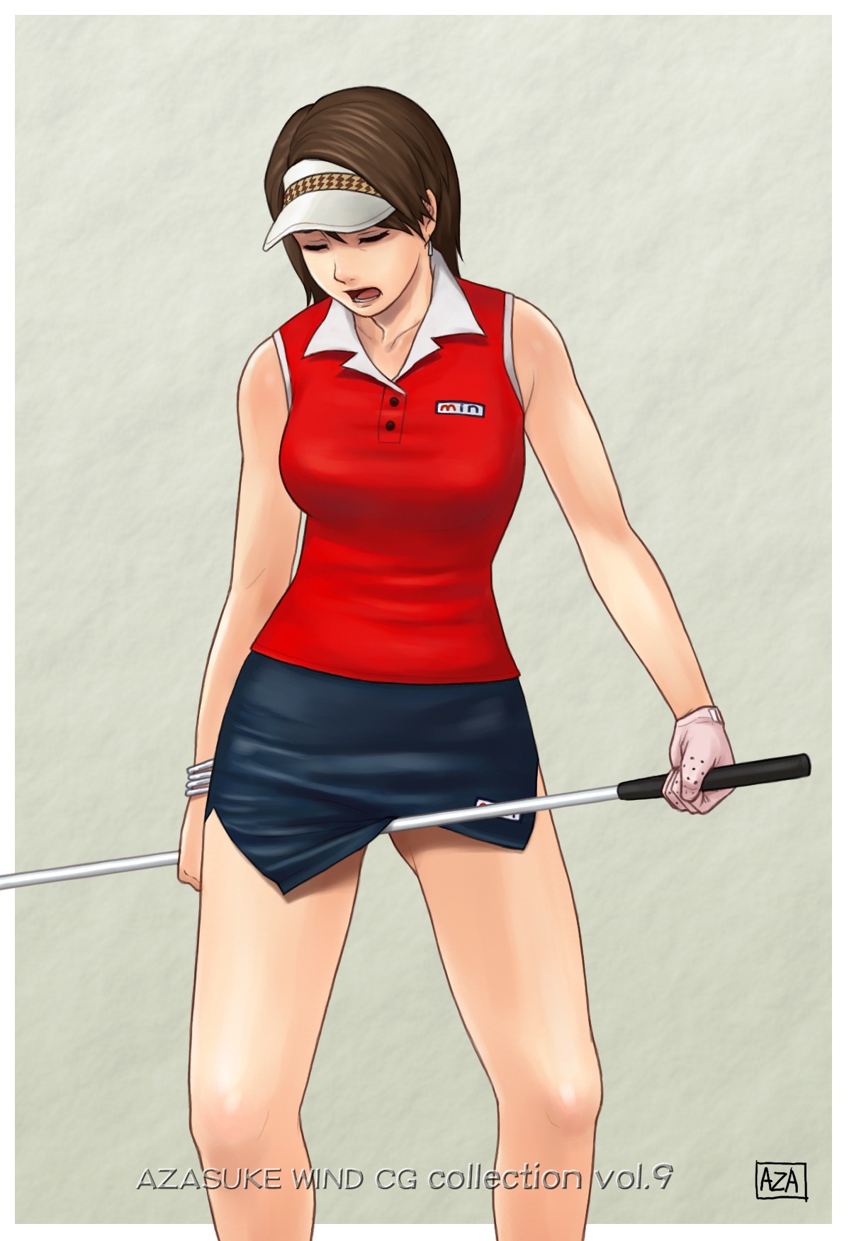 azasuke bare_shoulders between_legs blouse brown_eyes brown_hair closed_eyes earrings female gloves golf_club highres hot_shots_golf hot_shots_golf_fore! jewelry kyouko_(hot_shots_golf) masturbation open_mouth rule34 skirt skirt_lift solo standing visor