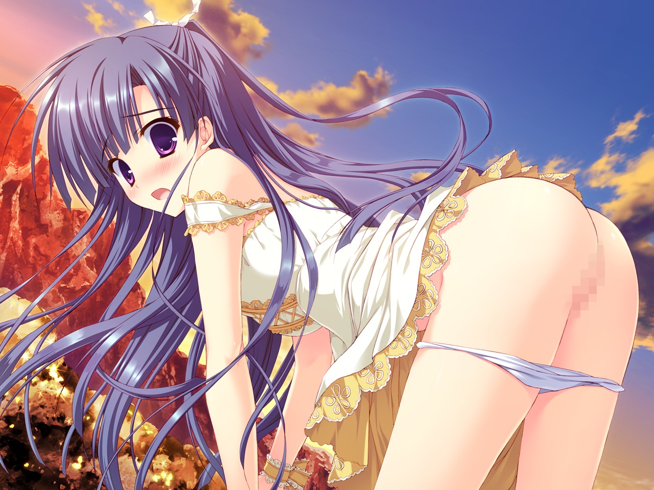 ass blush censored female game_cg hoshizora_e_kakaru_hashi hoshizora_e_kakaru_hashi_aa koumoto_madoka leaning_forward mosaic_censoring panties panty_pull purple_eyes purple_hair pussy rule34 ryohka ryouka_(suzuya) underwear