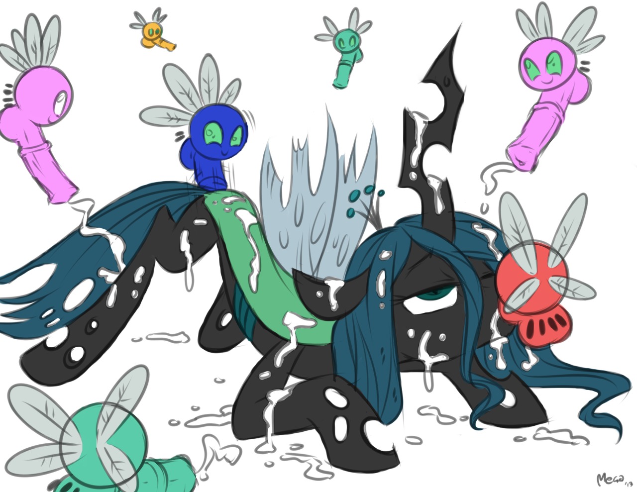 2013 all_fours animal_genitalia animal_penis arthropod blue_eyes bodily_fluids changeling_(mlp) cum cum_everywhere cum_in_mouth cum_inside cum_on_back cum_on_body digital_media_(artwork) doggystyle e621 equid equine_genitalia equine_penis erection female feral friendship_is_magic from_behind_position genital_fluids genitals green_eyes group group_sex half-closed_eyes hasbro hooves horn insect_wings male male/female mammal megasweet messy my_little_pony narrowed_eyes nude one_eye_closed oral parasprite_(mlp) penetration penis queen_chrysalis_(mlp) sex simple_background white_background wings