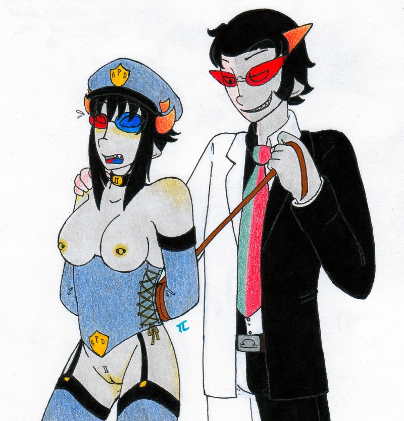 1boy 1girls black_hair bondage breasts breasts_out clothing collar corset female glasses grey_skin homestuck horns male ms_paint_adventures nipple_piercing nipples open_mouth pandemoniumincarnate piercing pointy_ears police_uniform pussy rule34 rule_63 sharp_teeth short_hair smile sollux_captor source_request straight terezi_pyrope troll white_background yellow_nipples