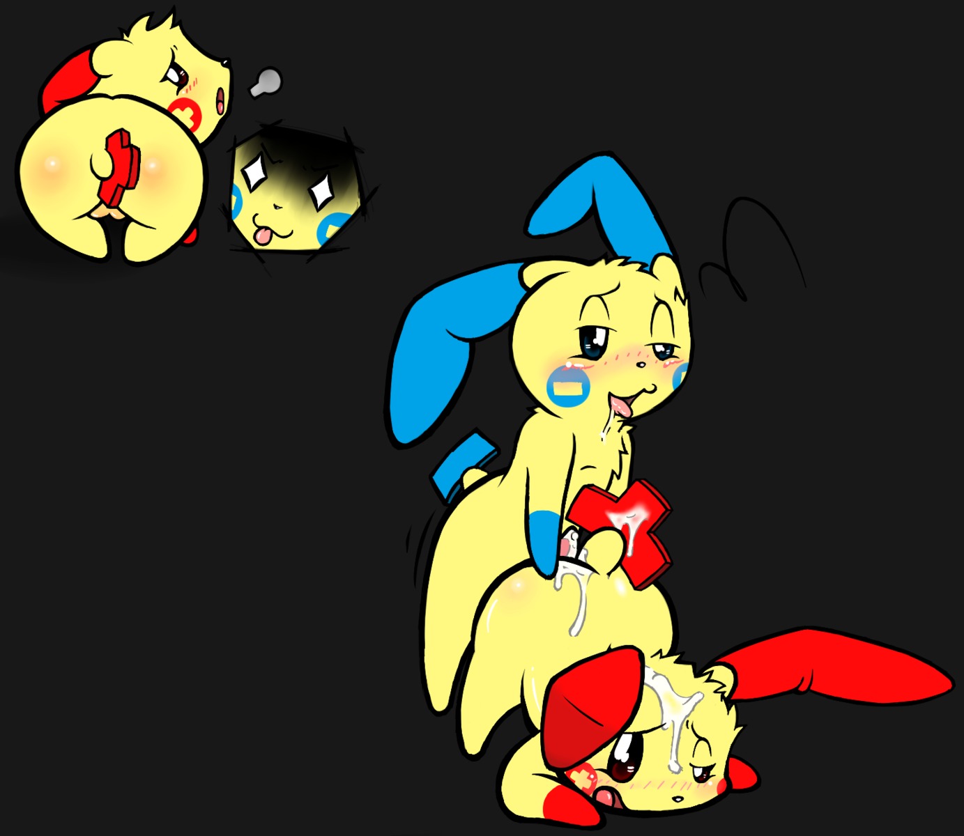 2012 big_butt blue_eyes blush bodily_fluids butt cum drooling duo e621 erection female from_behind_position fur generation_3_pokemon genital_fluids genitals half-closed_eyes hi_res hot_dogging incest_(lore) interspecies looking_at_viewer looking_back male male/female minun narrowed_eyes nintendo nude open_mouth orgasm penis plusle pokemon pokemon_(species) presenting presenting_hindquarters red_eyes roy_mccloud saliva sex simple_background tongue tongue_out vulva