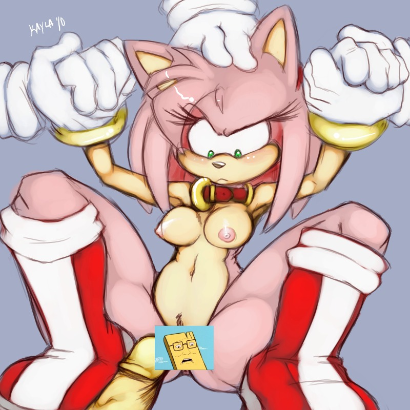 amy_rose anthro belt_collar boots breasts censored collar female furry gloves green_eyes hedgehog male mel_the_hybrid nipples nude penis pink_fur pink_hair rule34 sega sonic_(series) sonic_team sonic_the_hedgehog_(series) straight tagme