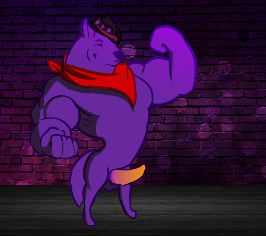 anthro balls biped canid canine canis chromata clothing cowboy e621 erection fur genitals hat headgear headwear kerchief knot male mammal multicolored_penis muscular muscular_anthro muscular_male penis pose purple_body purple_fur scarf sekotta solo standing tapering_penis two_tone_penis wolf