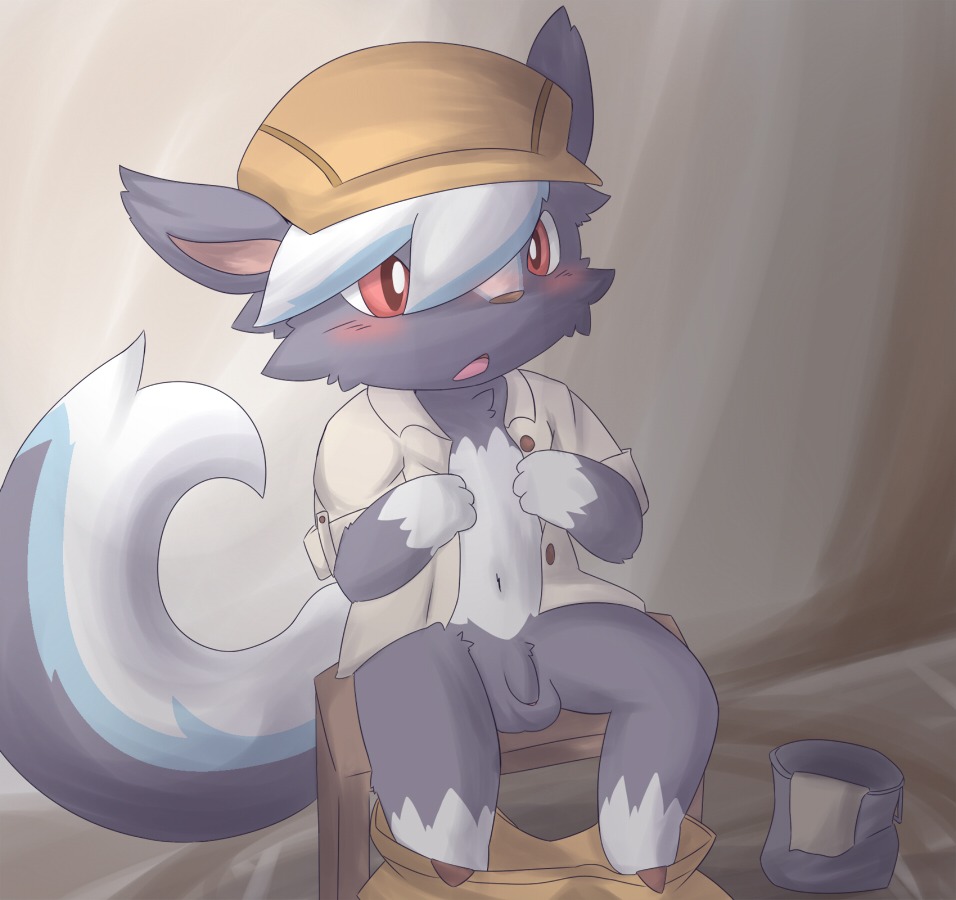 animal_crossing anthro balls biped blush bottomwear bottomwear_down bucket clothed clothing container e621 flaccid flat_cap foreskin genitals hair hat headgear headwear itameshi kicks_(animal_crossing) looking_at_viewer male mammal mephitid nintendo open_clothing open_mouth open_shirt open_topwear pants pants_down partially_clothed penis red_eyes shirt skunk solo striped_skunk topwear white_hair young young_anthro 炒飯