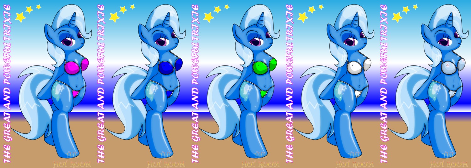 absurd_res anthro anthrofied beach bikini biped blue_body blue_fur breasts camel_toe clothed clothing cutie_mark dekomaru detailed_background e621 equid equine eyeshadow female friendship_is_magic fur genitals hair hasbro hi_res horn looking_at_viewer makeup mammal multicolored_hair my_little_pony mythological_creature mythological_equine mythology navel nipples outside pose purple_eyes sand sea seaside skimpy sky smile solo standing star swimwear text translucent translucent_clothing trixie_(mlp) two-piece_swimsuit two_tone_hair unicorn vulva water wide_hips