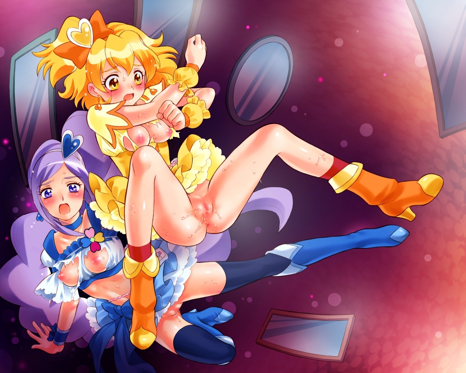 blush bow breasts censored clothing cure_berry cure_pine dress female fresh_precure! fresh_pretty_cure inori_yamabuki magical_girl miki_aono nekozawa_yukari precure pretty_cure rule34 sippo-soft skirt small_breasts stockings tagme torn_clothes