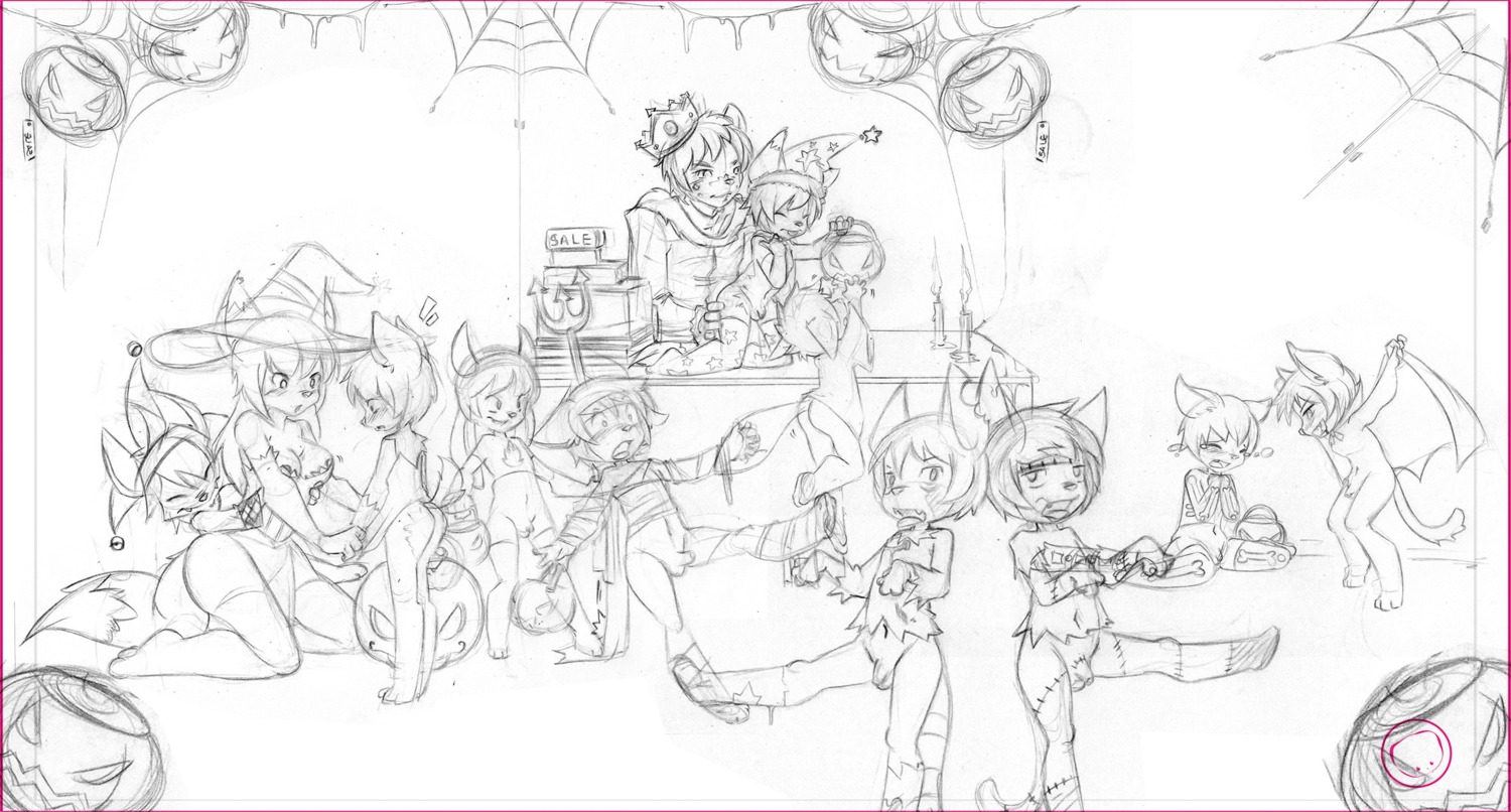 anthro balls canid canine clothing costume dracula e621 felid female flaccid franky genitals graphite_(artwork) group halloween harumi hi_res holidays hushoo male mammal monochrome mummy nude party penis store traditional_media_(artwork) undead vampire young young_anthro