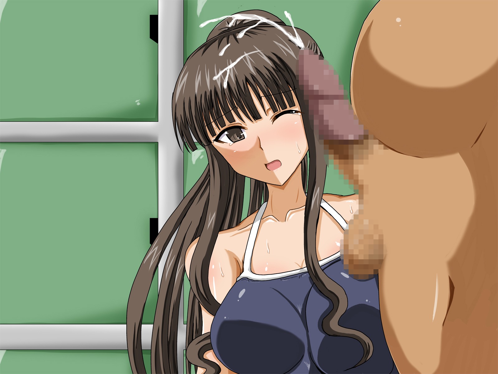 balls bare_shoulders blush breasts brown_eyes brown_hair censored cum ejaculation erection fat_male female handsfree_ejaculation highres jigoku_potion large_breasts long_hair mahou_sensei_negima! male mosaic_censoring one-piece_swimsuit ookouchi_akira penis rule34 sweat swimsuit tear testicles wink