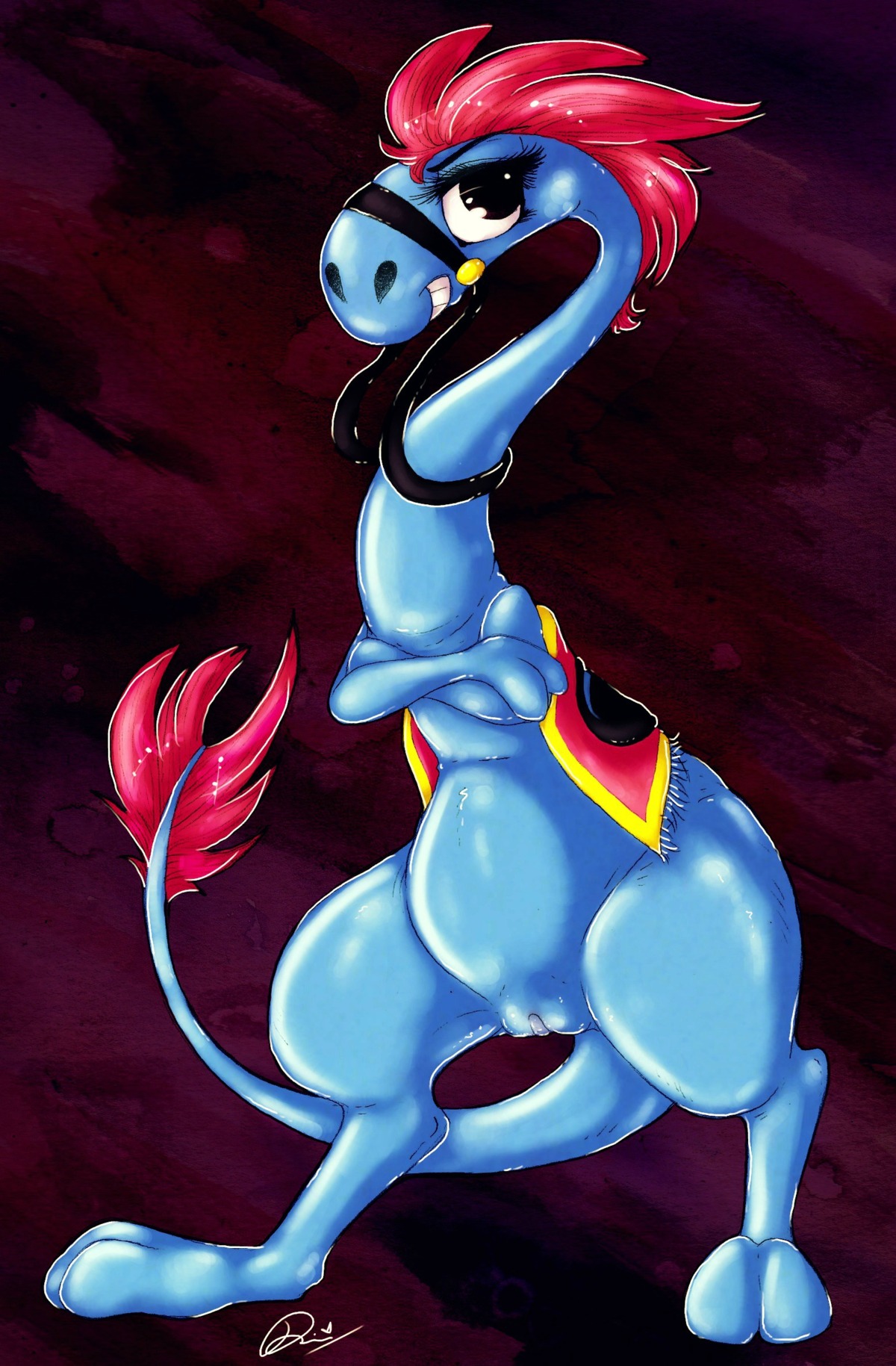 2014 abstract_background anthro barefoot big_eyes black_eyes bridle digitigrade dimwitdog disney e621 eyelashes feet female genitals glistening happy hi_res nude reins saddle shadow simple_background slightly_chubby smile solo sylvia_(wander_over_yonder) teeth vulva wander_over_yonder wide_hipped_female wide_hips zbornak