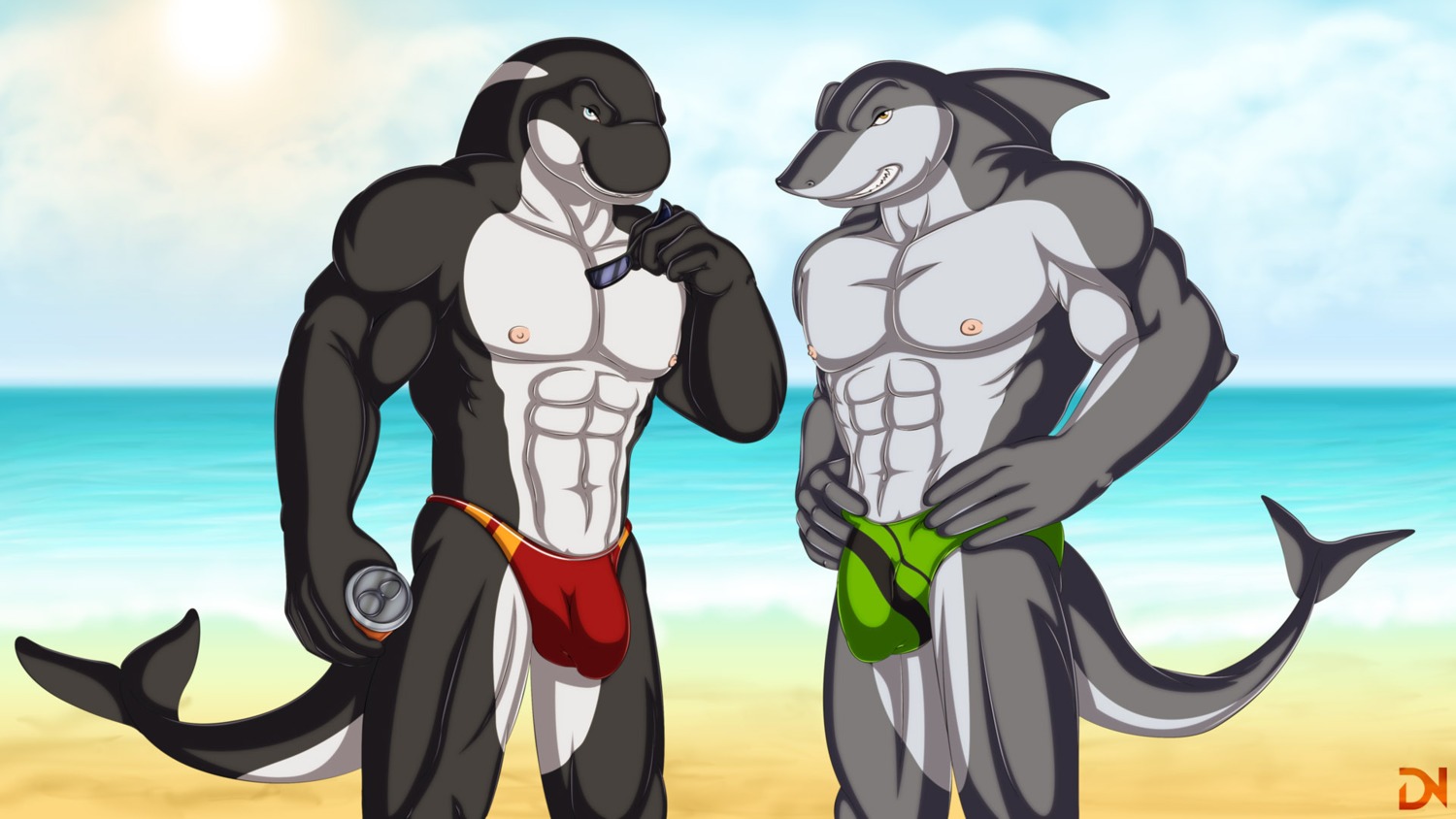 16:9 abs anthro aquatic beach beverage_can biceps big_muscles bikini_thong bulge cetacean clothed clothing cloud countershading detailed_background dolphin dream_and_nightmare duo e621 fish great_white_shark green_clothing green_swimwear hi_res looking_at_viewer mackerel_shark male mammal muscular muscular_male oceanic_dolphin orca outside pecs red_clothing red_swimwear sand sea seaside shark skimpy sky speedo summer sunny swimwear tail toothed_whale topless water white_shark widescreen