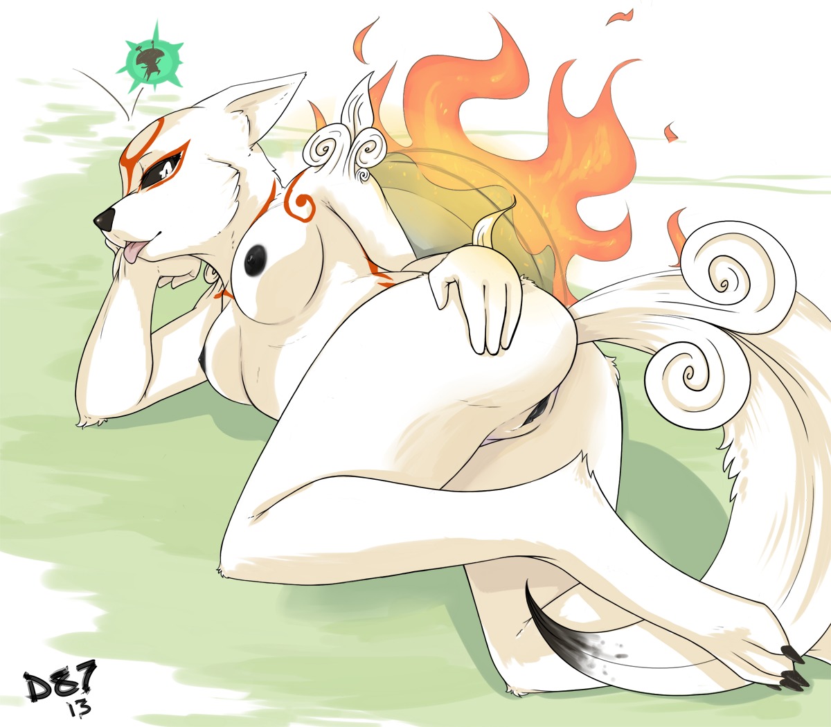 2013 amaterasu_(okami) anthro anthrofied areola arm_support arm_tuft biped black_nipples black_nose black_sclera black_vulva breasts butt canid canine canis capcom cheek_tuft claws clitoris clover_studio deity devo87 dipstick_tail e621 facial_tuft feet female fur genitals hand_on_butt hindpaw issun_(okami) leaning_on_elbow looking_at_viewer lying mammal markings multicolored_tail nipples nude okami_(capcom) on_side paws red_markings seductive shoulder_tuft simple_background solo tail tail_markings tongue tongue_out tuft vulva white_body white_eyes white_fur wolf