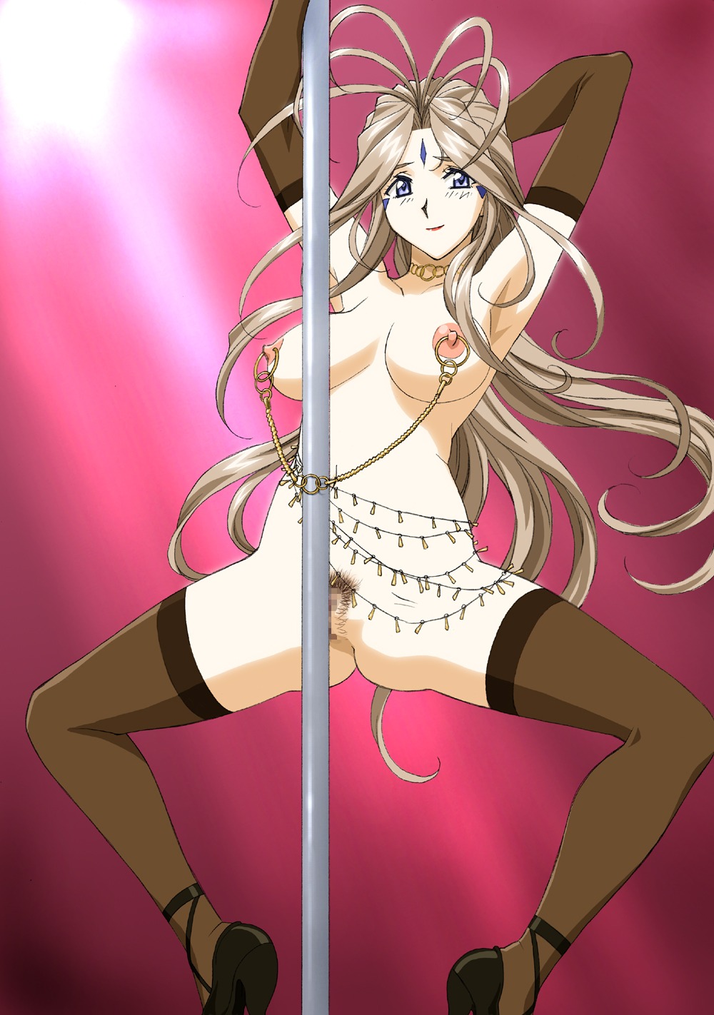 1girls belldandy bondage breasts censored dancing female female_pubic_hair joy_division medium_breasts nipple_piercing nipples nude oh_my_goddess! piercing pubic_hair pussy rule34 solo spread_legs stockings stripper_pole thighhighs