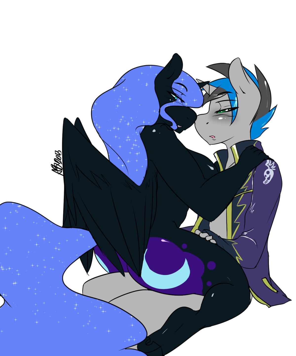 2013 5:6 anthro avante92 black_body black_feathers blue_hair cutie_mark duo e621 equid equine feathered_wings feathers female friendship_is_magic hair hasbro hi_res horn long_hair mammal my_little_pony mythological_creature mythological_equine mythology nightmare_moon_(mlp) smile winged_unicorn wings