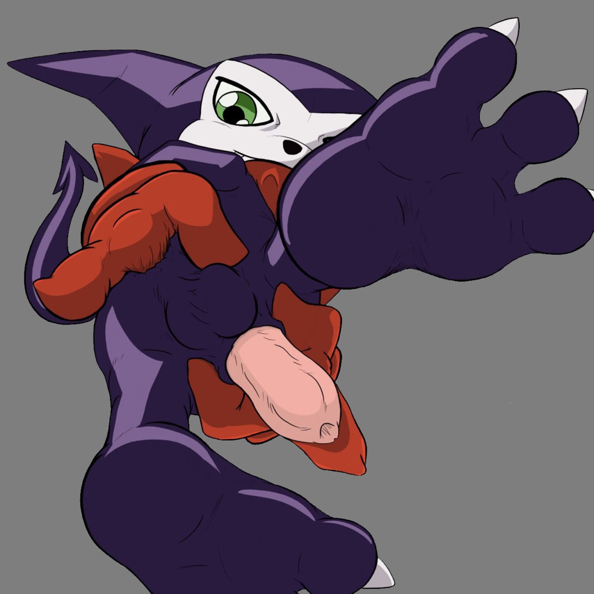 3_toes anal anal_fingering anthro balls claws color demon digimon digimon_(species) gloves green_eyes imp impmon ket-ralus male male_only masturbation penis rule34 solo tail