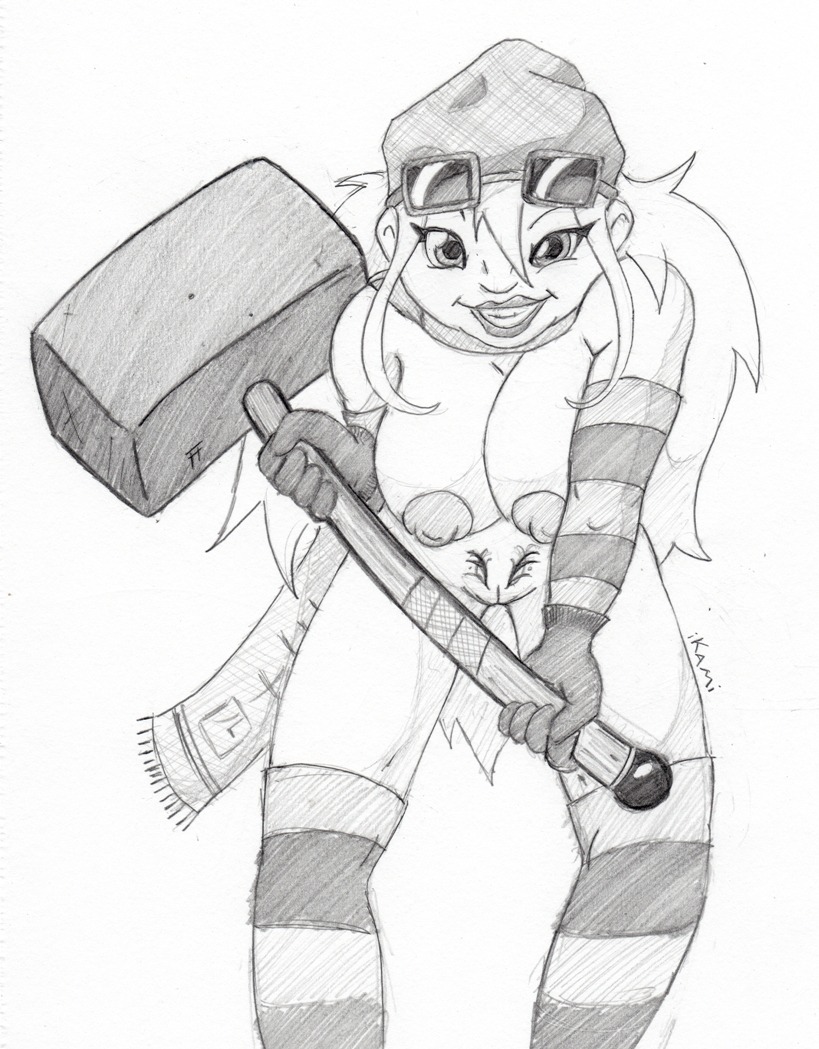 breasts eyewear female female_only front_view glasses gloves hammer hat holding ikami looking_at_viewer melee_weapon monochrome nipples open_eyes paheal pussy rule34 rule_63 solo titanium vulva war_hammer weapon white_background