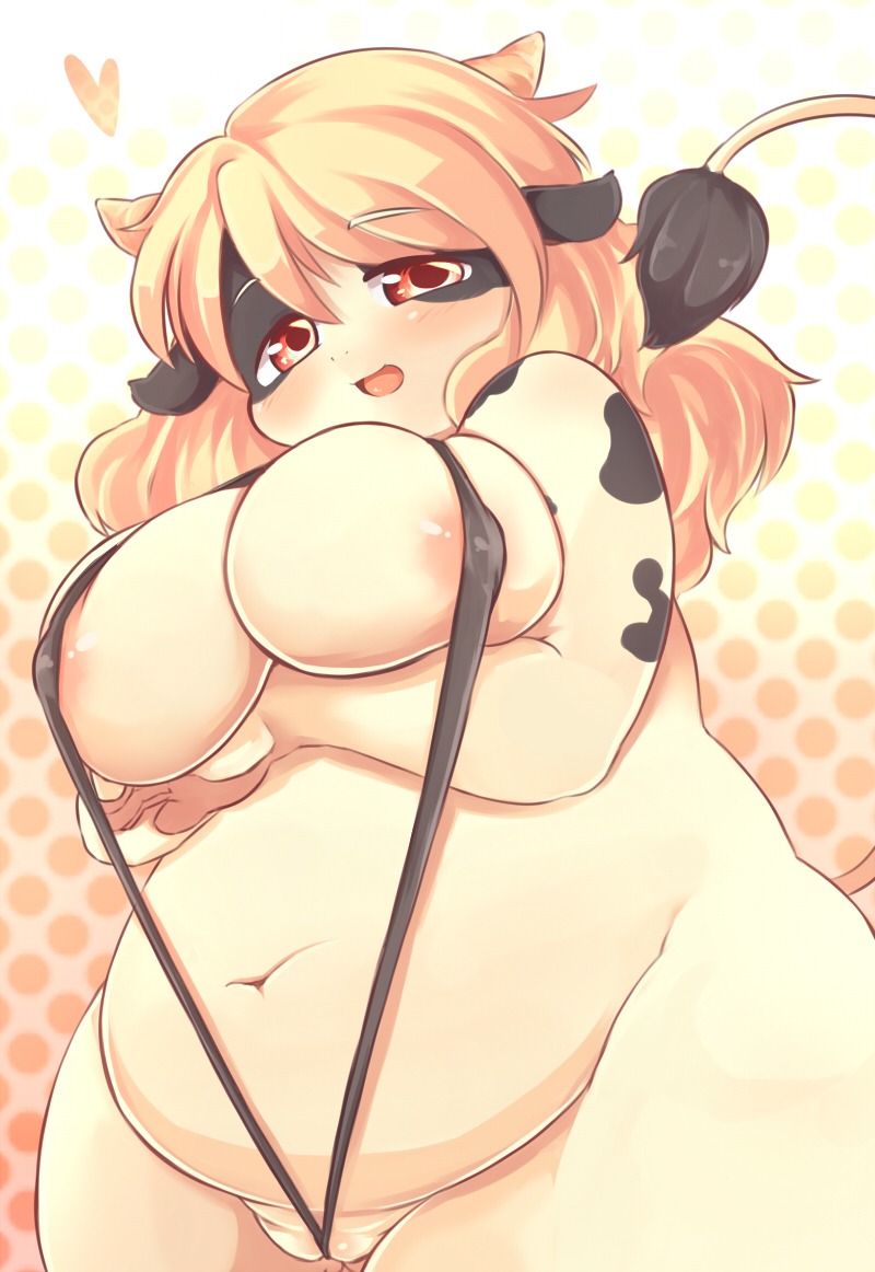 akitaka anthro areola belly big_breasts bikini blonde_hair bovid bovine breasts cattle clothed clothing e621 female genitals hair kemono looking_at_viewer mammal one-piece_swimsuit overweight overweight_anthro overweight_female red_eyes simple_background skimpy sling_bikini solo swimwear tail tail_tuft tuft two-piece_swimsuit vulva white_background