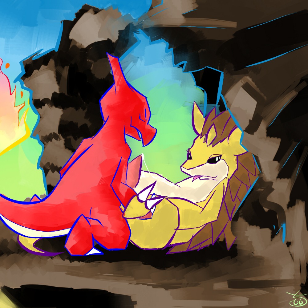 1:1 bodily_fluids charmeleon cliff conditional_dnp cum cum_on_self duo e621 erection eyes_closed feral feral_on_feral fire flaming_tail from_front_position generation_1_pokemon genital_fluids genitals klaide lying male male/male missionary_position nintendo on_back orange_body orange_skin penis pokemon pokemon_(species) sandslash sex tail