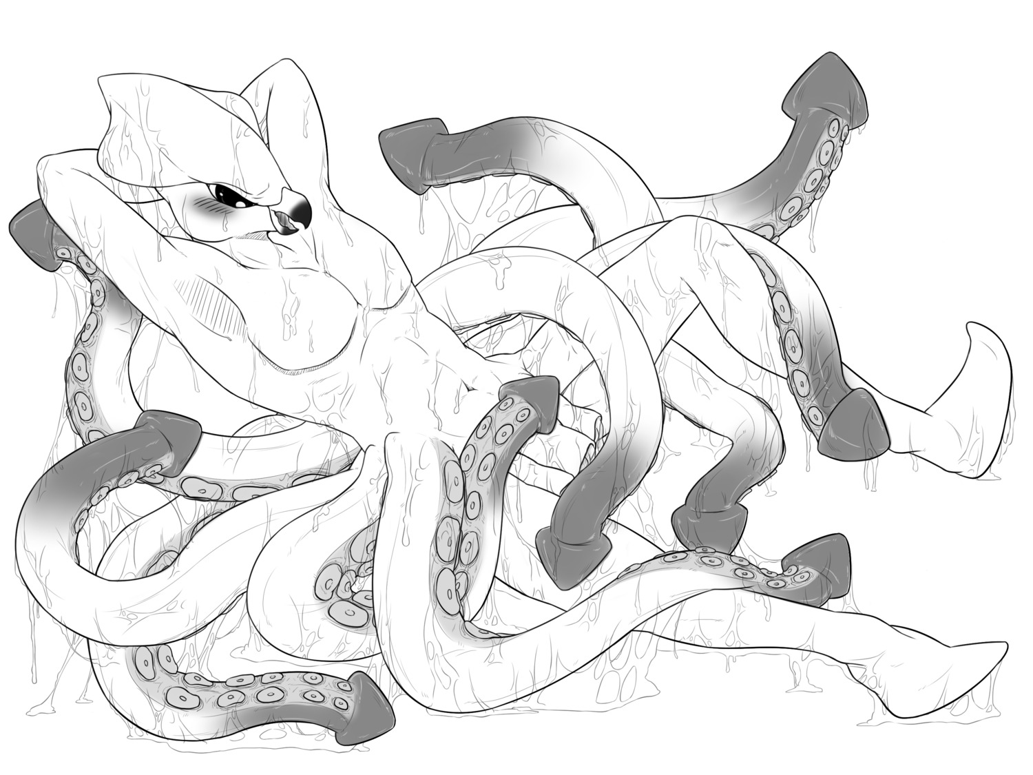 4:3 anthro aquatic beak blush bodily_fluids cephalopod coleoid decapodiform e621 genital_fluids genitals hi_res hyde_(character) hyponome ingi kraken male mantle_(mollusk) mollusk monochrome multi_genitalia multi_hyponome multi_penis open_beak open_mouth open_smile penis penis_tentacles precum slime smile solo tentacles