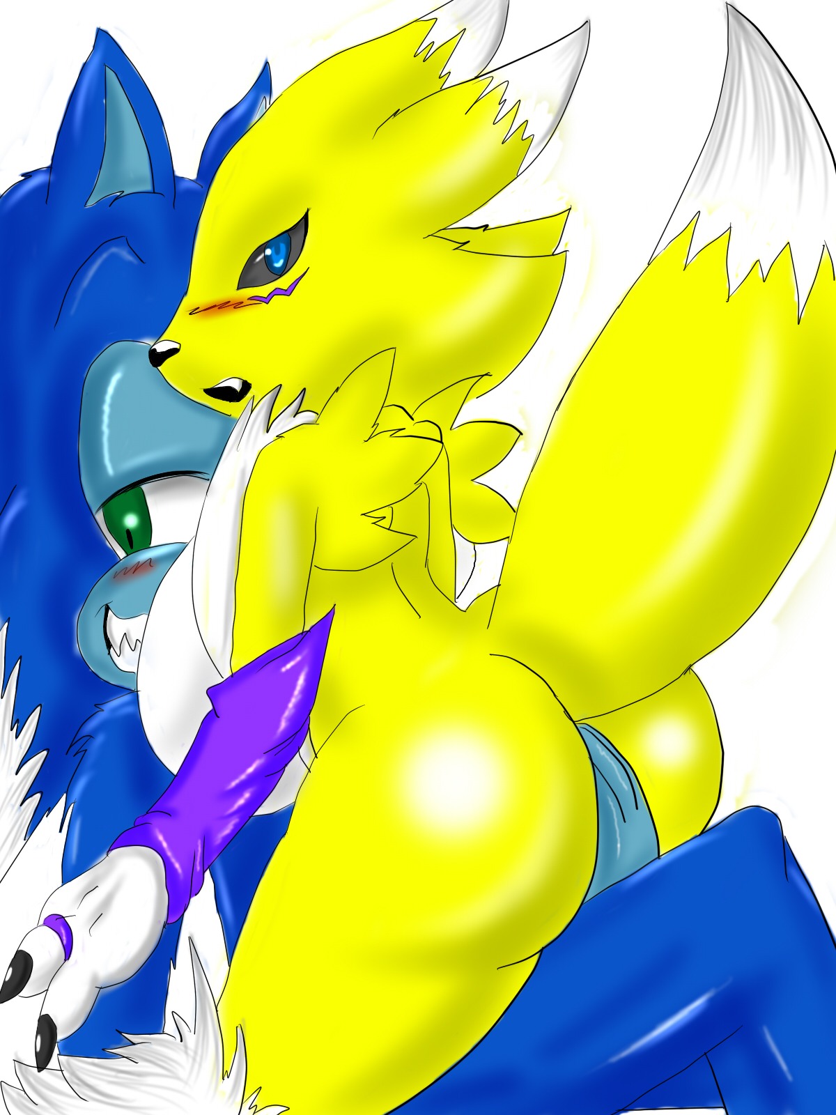 3:4 anthro armwear bandai_namco black_sclera blue_body blue_fur blush canid canine clothing crossover digimon digimon_(species) dipstick_tail duo e621 elbow_gloves erection eulipotyphlan female female_penetrated fur genitals gloves handwear hedgehog hguy44 hi_res male male/female male_penetrating male_penetrating_female mammal markings mostly_nude nude penetration penis renamon sega sex simple_background sonic_the_hedgehog sonic_the_hedgehog_(series) sonic_the_werehog sonic_unleashed tail tail_markings werecreature wereeulipotyphlan werehog white_background white_body white_fur yellow_body yellow_fur