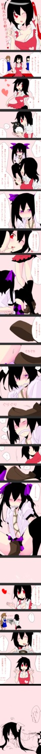 4girls ako96 black_hair blush bondage breasts checkered checkered_skirt comic crying female furby grinding hat hata-tan hatate_himekaidou heart high_resolution humiliation long_image multiple_females multiple_girls pun purple_eyes red_eyes rope rule34 shameimaru_aya shoejob short_hair skirt tall_image text thighhighs tied_hair tokin_hat touhou trampling translated translation_request twintails wink