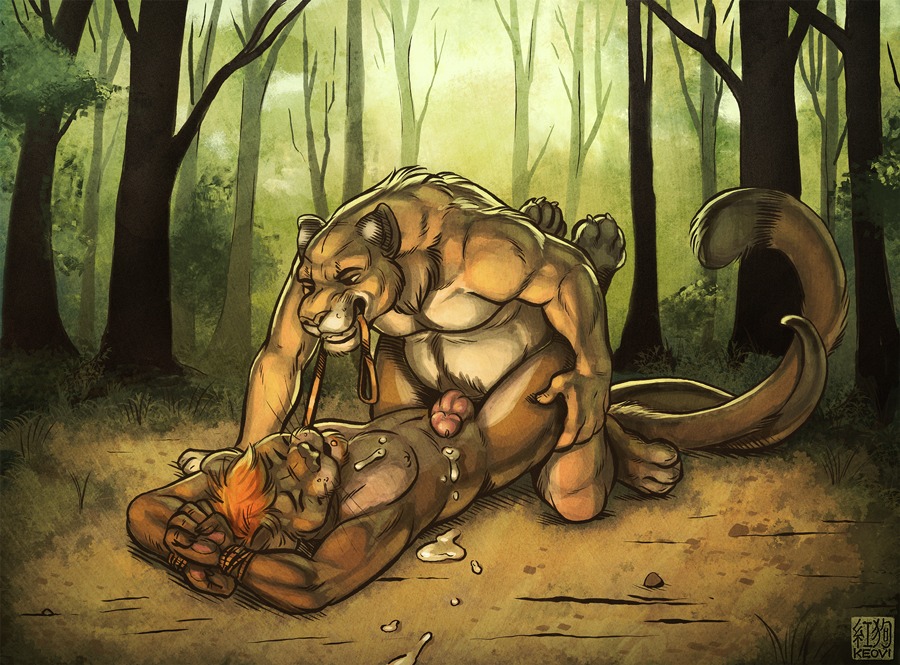 2014 anal anal_penetration anthro arms_above_head bodily_fluids bound cougar cum cum_on_belly cum_on_body cum_while_penetrated detailed_background dominant dominant_male duo e621 ejaculation erection facial_piercing felid feline forest genital_fluids genitals hair hands-free humanoid_genitalia humanoid_penis interspecies keovi labret_piercing leash lip_piercing lying male male/male male_penetrated male_penetrating male_penetrating_male mammal mustelid nature nude on_back orange_hair orgasm otter outside penetration penis piercing plant pubes rudderg33k sex submissive submissive_male temba thomas_james_o'connor tree